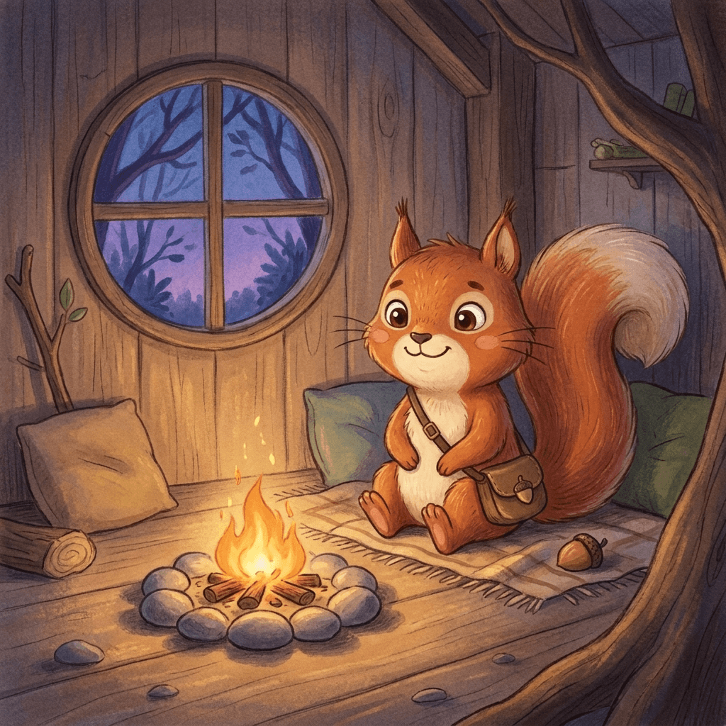 The calm screen: Pip waits by a small ember